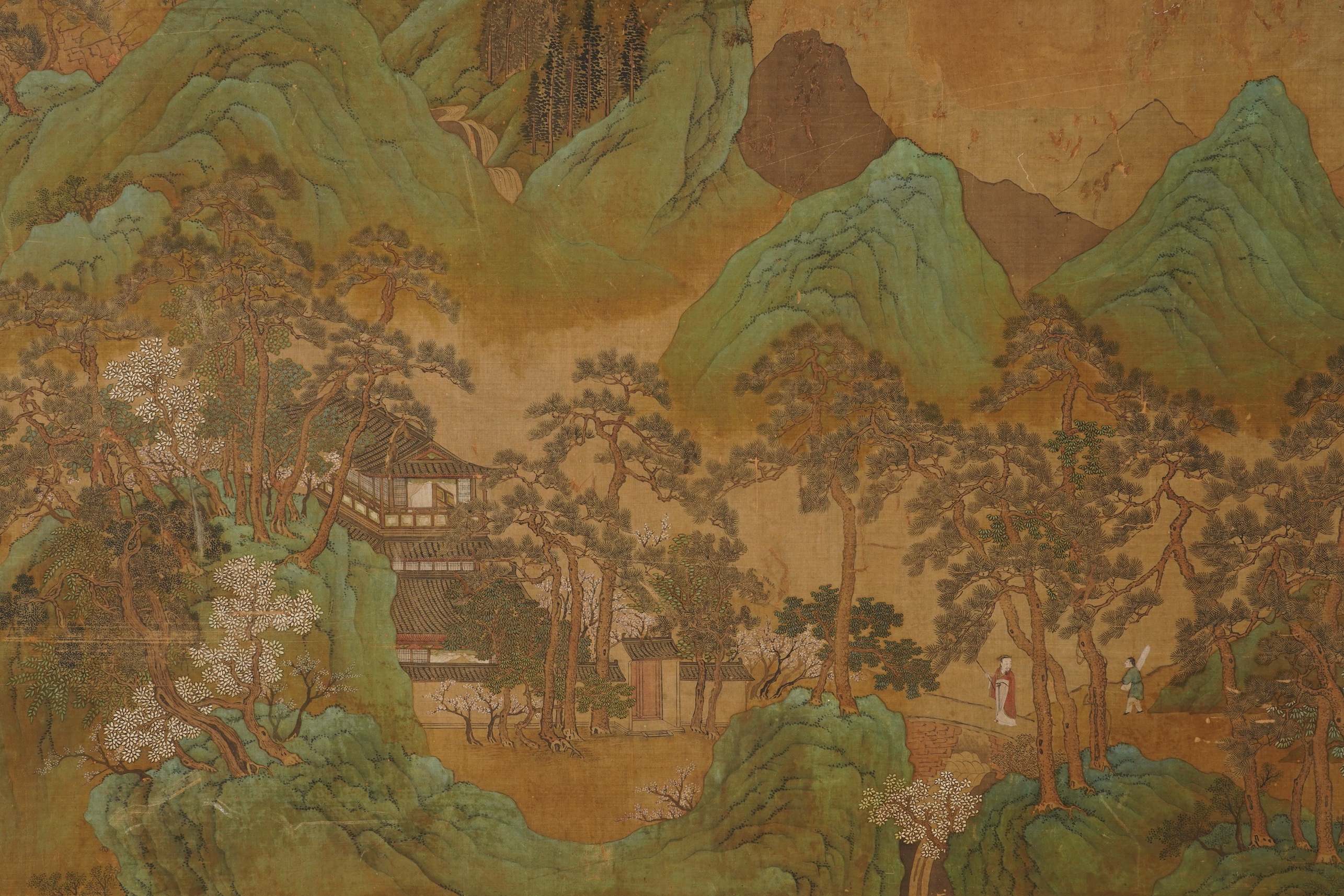 Chinese School , 17th century or earlier, Scholars in a mountainous river landscape scene with pavilions, Ink and colour on silk, incomplete clerical script signature, 54cm x 290cm